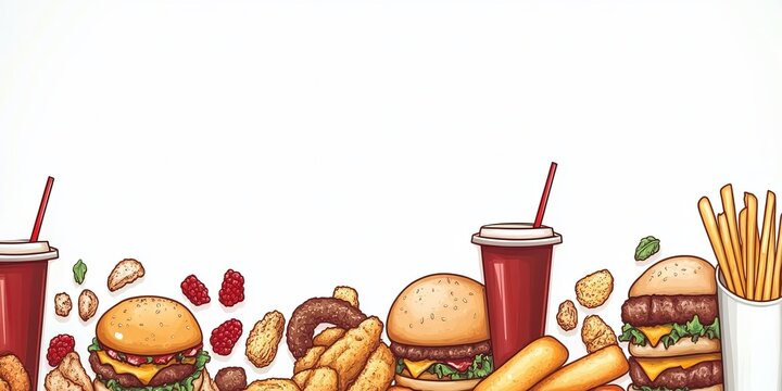Colorful Fast Food Illustrations Corner Border Background for Snack Time and Tasty Treats Design