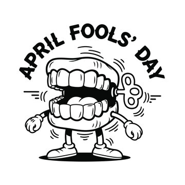 April Fools' Day wind-up chattering teeth illustration in a cartoon style, wiggling with a key in its back.