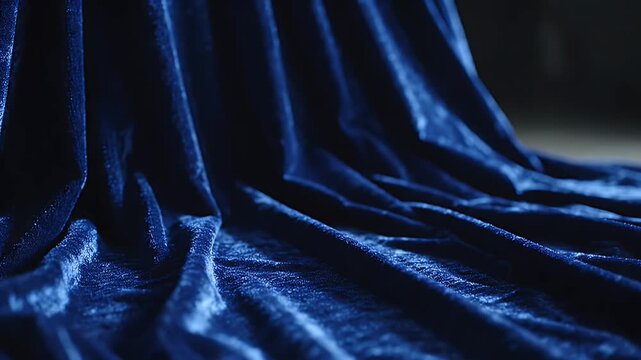 Luxurious Deep Blue Velvet Fabric Draped in Soft, Shimmering Folds and Textural Waves