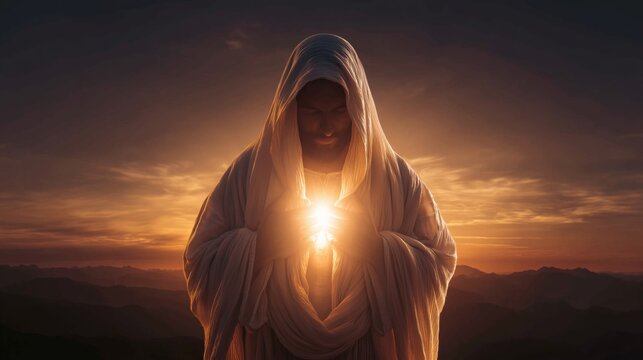 Jesus holds light in hands while standing in warm sunset at a mountainous location, symbolizing hope and guidance for all