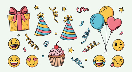 Festive celebration party accessories collection featuring gift box, party hats, colorful balloons, vibrant confetti, a delicious cupcake, and expressive emojis for birthday invitations,