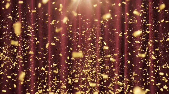 Luxurious deep red theater curtain illuminated by sparkling golden string lights overhead