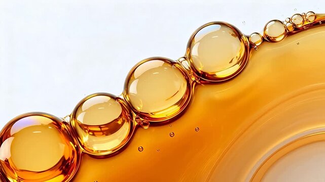 Golden liquid bubbles on white background