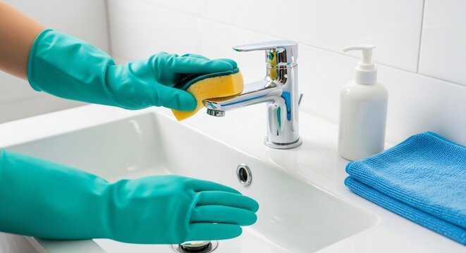 Hands in rubber gloves cleaning bathroom sink with sponge