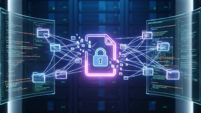 Encrypted file padlock folder node data transfer secure cloud storage neon file padlock connected to multiple folder nodes streaming code conveying secure data transfer and protected cloud storage
