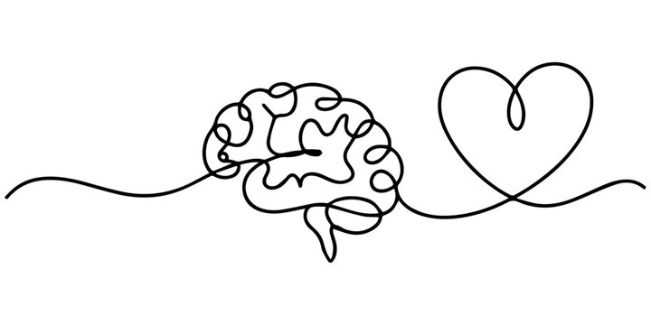 brain with love shape continuous one line drawing, One continuous line drawing of half human brain and love heart shape logo icon. Psychological split affection logotype symbol template concept. Human