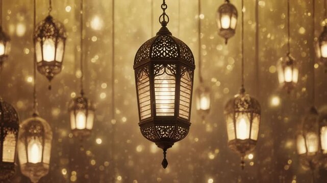 Middle Eastern lanterns hang from ceiling with warm golden lights in Ramadan celebration background