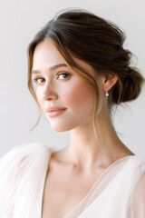 Elegant bride in a soft white gown with pearl drop earrings, captured in a romantic moment with a calm and confident gaze, radiating bridal grace and timeless charm