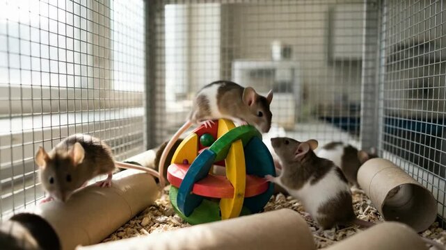 Several guinea pigs explore their indoor enclosure featuring cardboard tubes bedding and colorful toys The small rodents scamper around their habitat with curiosity