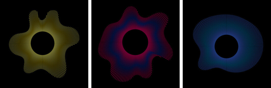 Audio waveform set with radial burst patterns and horizontal frequency lines. Podcast icons. Radial Sound Wave Pattern Set. Circular, equalizers burst beams, voice recording graphic elements