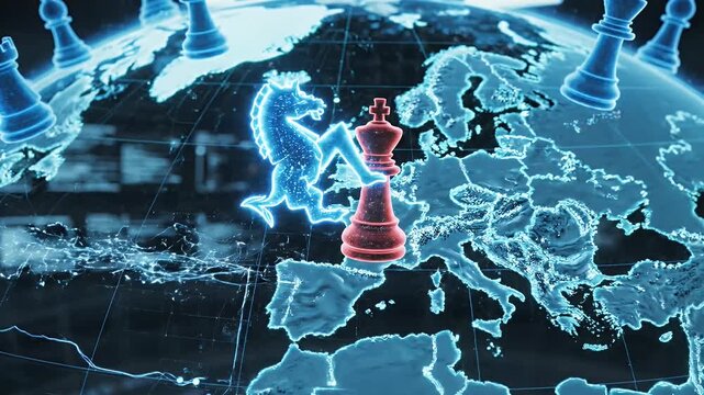 Global Chess Game - A glowing world map is overlaid with chess pieces, suggesting strategy and global competition. A prominent chess knight faces a king piece on the map.
