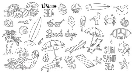 Line drawing of various beach and sea elements, including waves, shells, and a surfboard
