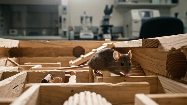 A small mouse navigates a complex wooden maze in a laboratory setting Scientific equipment blurred in the background suggests an experiment
