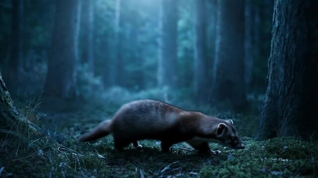 A lone stoat stands alert in a dark mystical forest bathed in moonlight Tall trees loom ominously creating a mysterious and enchanting atmosphere