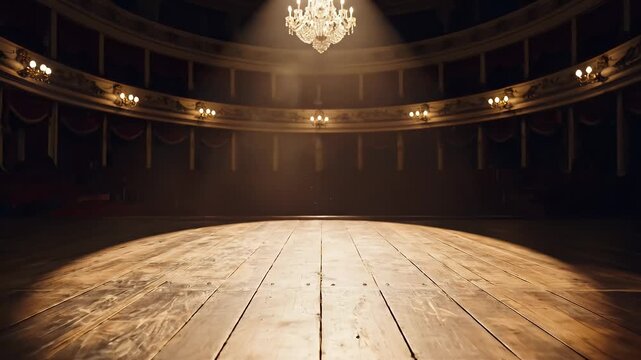 Luxurious Red Velvet Theatrical Stage with Ornate Gold Trimmings and Single Spotlight