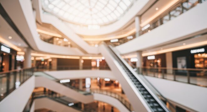Warm and Tranquil Blurred Interior of a Modern Mall with Soft Light and Shoppers in Motion
