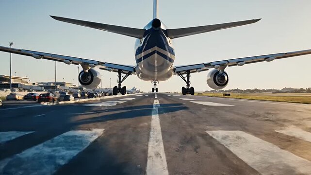 Airplane Landing at Airport - A wide-angle shot captures an airplane as it approaches touchdown on a runway at an airport.