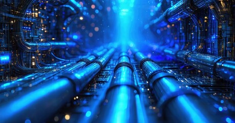 Fototapeta premium Futuristic tunnel, glowing blue pipes, digital network. Complex circuitry creates intense light, depth perception. Immersive, hightech environment.