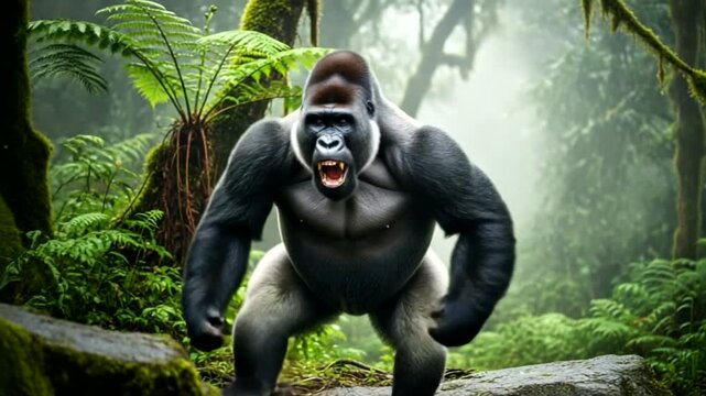 Powerful silverback gorilla displaying dominance in lush green rainforest habitat.