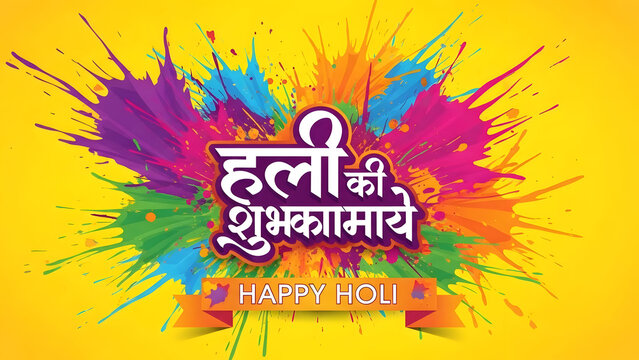 Vibrant holi celebration greeting card with colorful paint splatters and festive message in hindi and english.