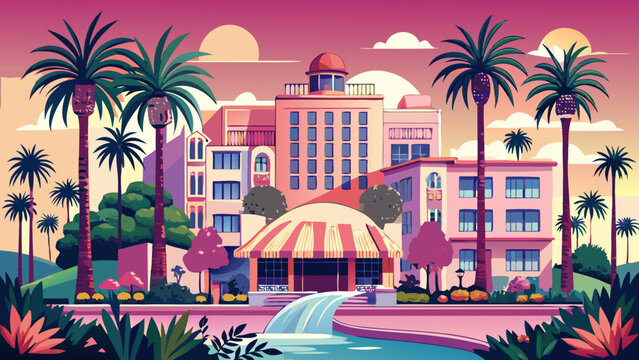 Very beautiful The Beverly Hills Hotel in Beverly Hills radiates Hollywood glamour with its iconic pink facade, lush palm trees, and legendary poolside luxury in California, USA.
