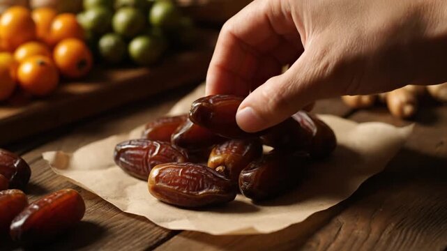 Close-up of Medjool dates on parchment paper, surrounded by fresh fruits and nuts on a wooden table.