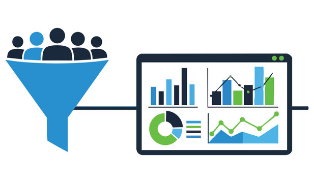 Customer lead generation funnel filtering target audience into analytical business dashboard for marketing optimization and demographic data analysis on computer