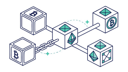Obraz premium Blockchain network with cryptocurrency symbols in minimalist line art style with blue and green color scheme on white background for fintech illustration