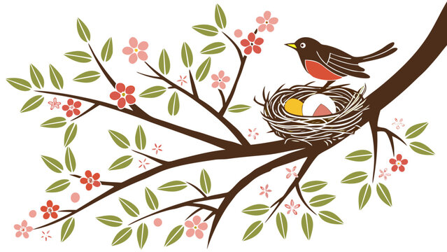 Robin with Nest and Eggs on Blossoming Tree Branch in Spring Floral Illustration with Soft Colors and Delicate Lines for Greeting Cards