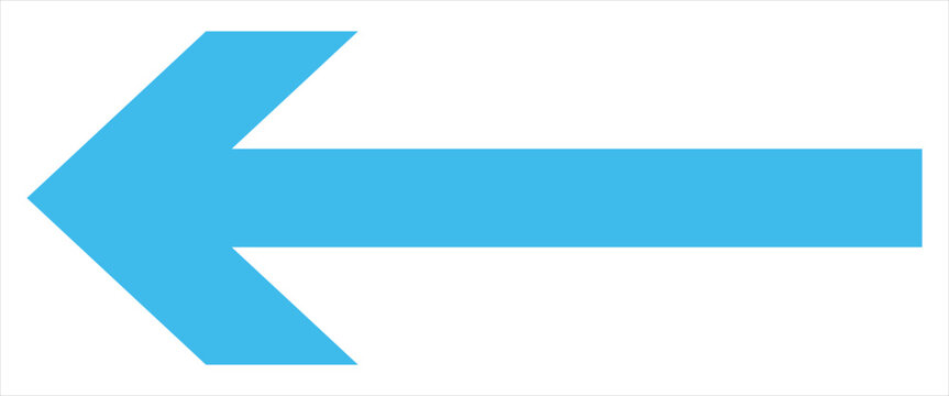 Bold long blue arrow icon pointing to the leftward direction. Vector long arrow isolated on white background.