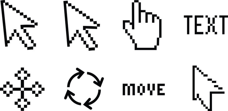 Set of black pixel art computer mouse cursors and interface icons including arrow hand pointer text select move and refresh symbols isolated on white background
