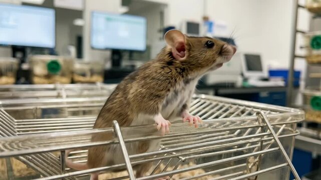 A brown rat sits alertly in a laboratory cage surrounded by scientific equipment The scene suggests medical research or scientific experimentation involving animals