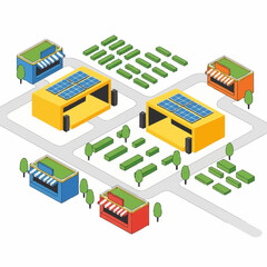 Fototapeta premium Isometric Cityscape with Solar-Powered Buildings and Green Spaces.