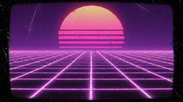 Retro 1980s VHS background footage, glowing neon grid horizon with a purple and pink sunset
