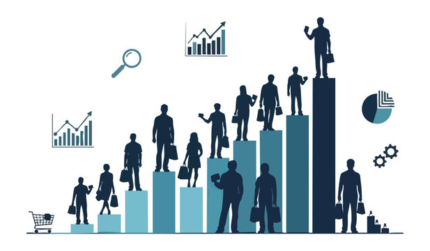 People standing on growing bar chart representing consumer market growth and customer segmentation with shopping bags and financial data icons in vector style