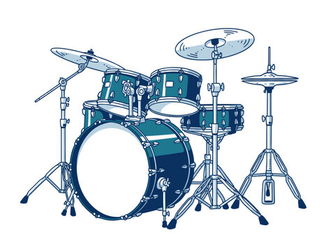 Hand drawn blue drum set illustration musical instrument kit doodle for music band concert performance rhythm sound