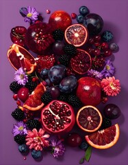 Flach angeordnete Fr&uuml;chte wie Granat&auml;pfel, Beeren .