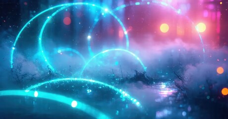 Obraz premium Abstract glowing rings float above misty landscape. Vibrant colors blend, creating ethereal scene. Light streaks illuminate darkness.