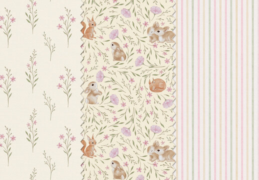 Watercolor woodland seamless pattern set with cute rabbit, bunny and squirrel, editable psdt template. Easter forest animal wallpaper background for baby nursery fabric and print