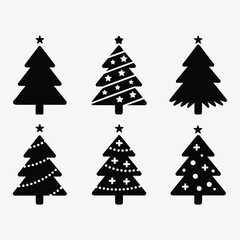 Obraz premium Black Christmas tree silhouettes with decorative elements for holiday designs