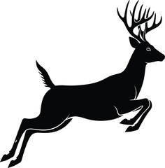 Fototapeta premium Majestic jumping deer silhouette with large antlers in mid-air leap isolated on white background for wildlife and hunting logo design.