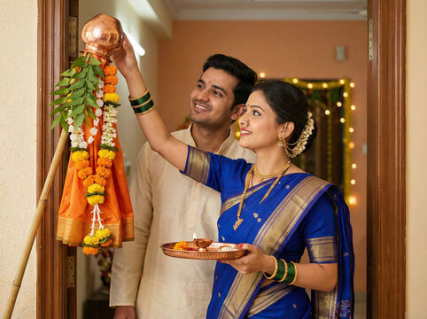 maharashtrian husband and wife celebrating gudi padwa festival installing traditional gudi at house entrance wearing paithani saree and kurta symbolizing maharashtra tradition