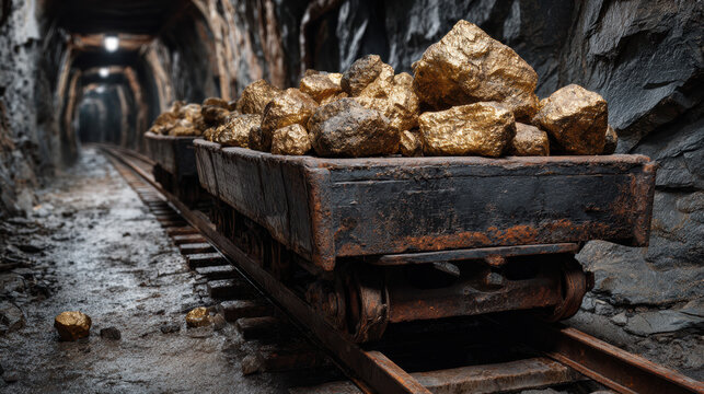Underground mine rail cart filled with gold rocks, gold, raw wealth transport 