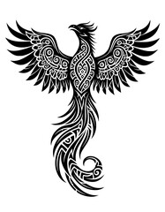 Obraz premium Phoenix tribal silhouette black line art with spread wings, mystical fire bird emblem symbolizing rebirth and power, isolated on dark background, bold vector design for tattoo, logo, branding.