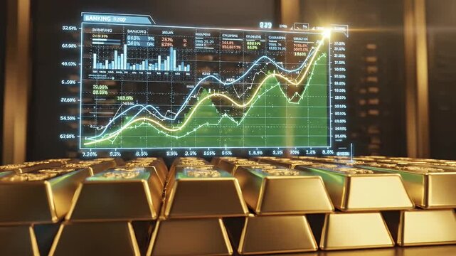 Financial Growth Representation with Gold Bars - A dynamic display shows financial charts and graphs, symbolizing growth and investment, set against a backdrop of gleaming gold bars.