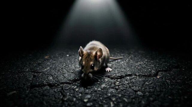 A solitary mouse stands center stage an illuminated spotlight on a cracked dark ground The scene evokes a sense of isolation and vulnerability