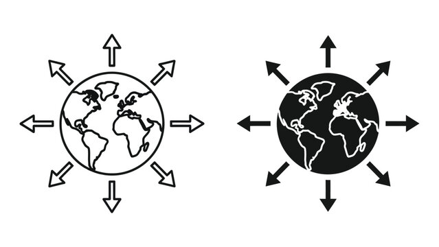 The earth globe with arrows pointing outwards illustrates worldwide connectivity, international expansion, and global distribution network