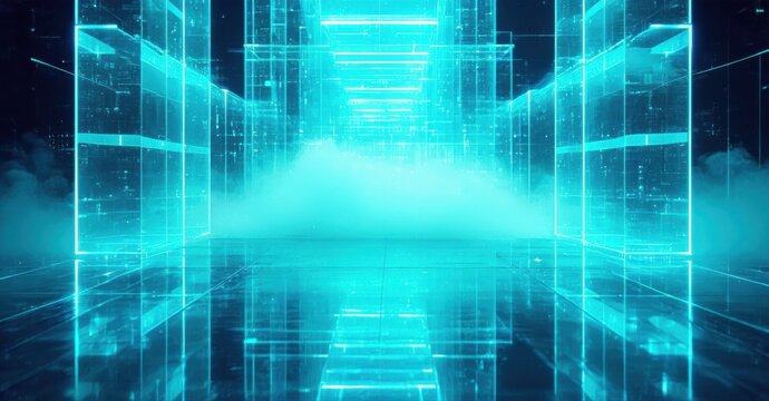 Futuristic corridor glows with vibrant cyan light. Reflections mirror endless geometric shapes, creating immersive digital space. Fog adds mystery.
