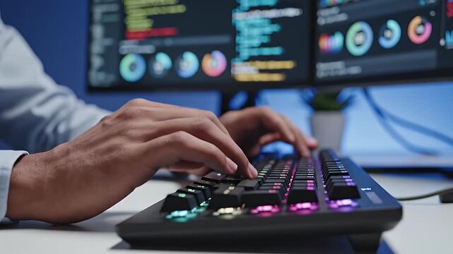 Hands Typing on Backlit Keyboard in Office - A close-up video of hands typing on a multicolored backlit keyboard, with computer screens displaying colorful charts and coding in the background.