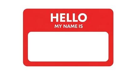 Red and white rectangular nametag with rounded corners and "HELLO MY NAME IS" text